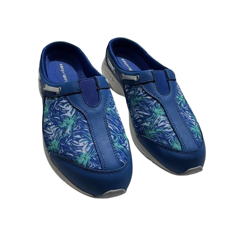 Easy Spirit Travelport Slip On Clogs Blue Palm Leaf Women’s 7.5M Comfort Shoes